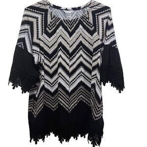 Allison Daley Women's Black/Multi 3/4 Bell-Sleeve Pull-Over Blouse Plus-Size 2X